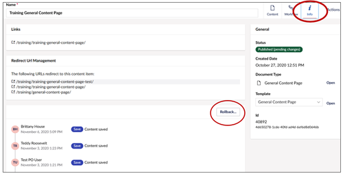 Screenshot of the info tab of an example page. The info button is located at the top right of screen. In the middle of the screen, after the URLs and redirects are listed, there is a Rollback button.