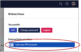 Screenshot of an account profile screen. A blue button in the center of the screen says 'Link Your PIV Account'.