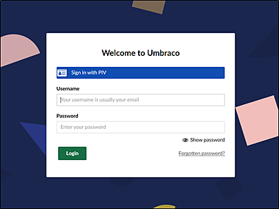 Screenshot of the login screen. Welcome to Umbraco. At the top, a blue button reads Sign in with PIV. Below, fields for username and password login. At the bottom, there is a link for forgotten password instructions to the right of a green login button.