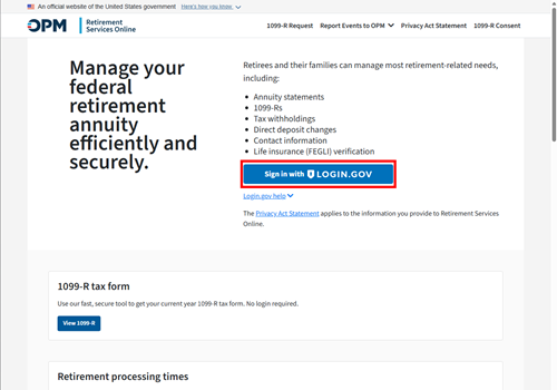 Retirement Services Online homepage screenshot with the blue "Sign in with Login.gov" button outlined in red
