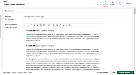 Screenshot of the WISYWIG content editor. Contains fields for page name, page title, and main content.