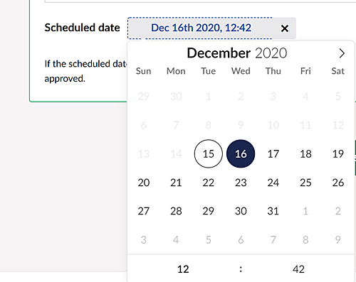 Close up of a calendar date and time picker that appears when scheduling a posting date.